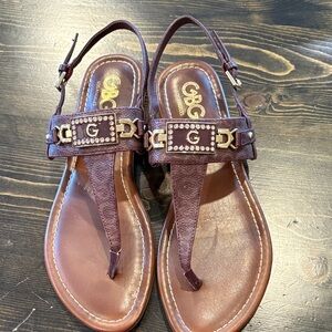 G by Guess Maroon Sandals with Gold Accents